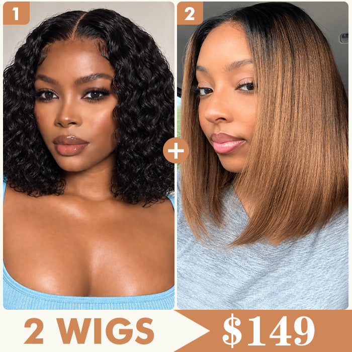 2 Wigs Set | 220% Density 5x5 Water Wave Lace Wig and Chestnut Brown Ombre Straight Bob Lace Wig