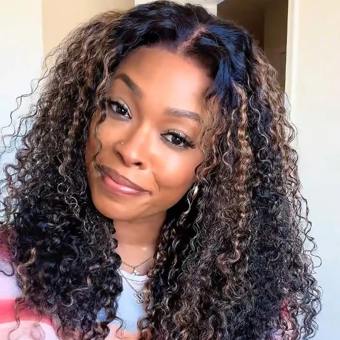 Pizazz 4C Edges Black Brown Ombre Jerry Curly  Kinky Edges 13x6 HD Lace Front Wig 100% Human Hair