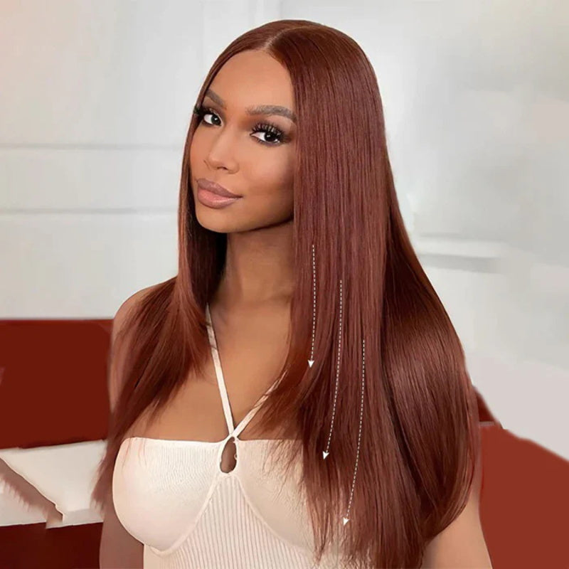 Reddish Brown Color #33 Feathered Layered Cut Straight Wigs HD Lace Human Hair Wig