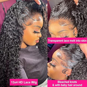Pizazz 13x4 HD Transparent Lace Front Wigs Human Hair Pre plucked Bleached Knots with Baby Hair 12A 180 Density Brazilian Deep Wave Frontal Wigs for Black Women(26 Inch, Black color)