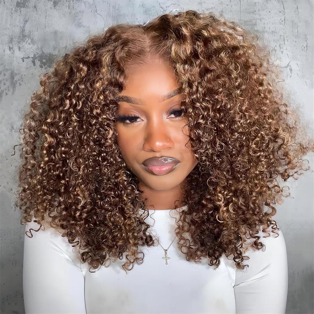 Pizazz Hair Honey Blonde Afro Curly  4C Edges Curly Bob Wigs Human Hair 8x5 Wear Go Wig With Curly Edges Baby Hair