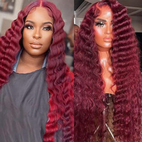 Loose Crimps Wave 99j Burgundy Lace Front Wig 13x4 13x6 HD Lace Human Hair Wigs