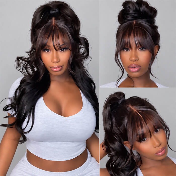 Body Wave Wig with Bangs Pre Cut 5x5 HD Lace Closure Wig Glueless Secure Drawstring Human Hair Wig