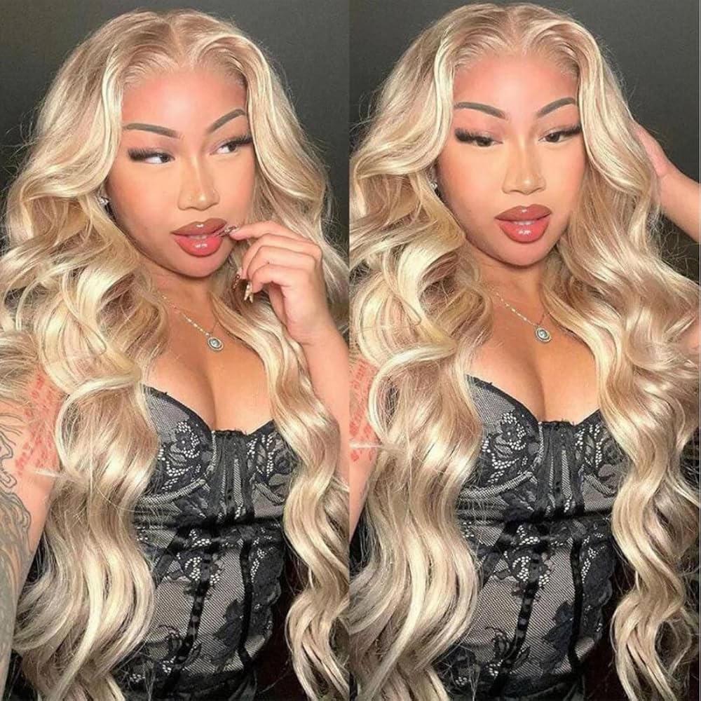 Curtain Bangs Barbie Blonde Hair With P18/613 Highlights Wig Body Wave Glueless HD Lace Human Hair Wigs