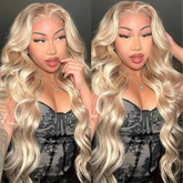 Curtain Bangs Barbie Blonde Hair With P18/613 Highlights Wig Body Wave Glueless HD Lace Human Hair Wigs