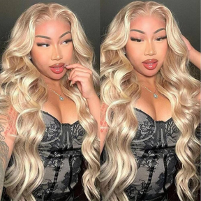 Curtain Bangs Barbie Blonde Hair With P18/613 Highlights Wig Body Wave Glueless HD Lace Human Hair Wigs