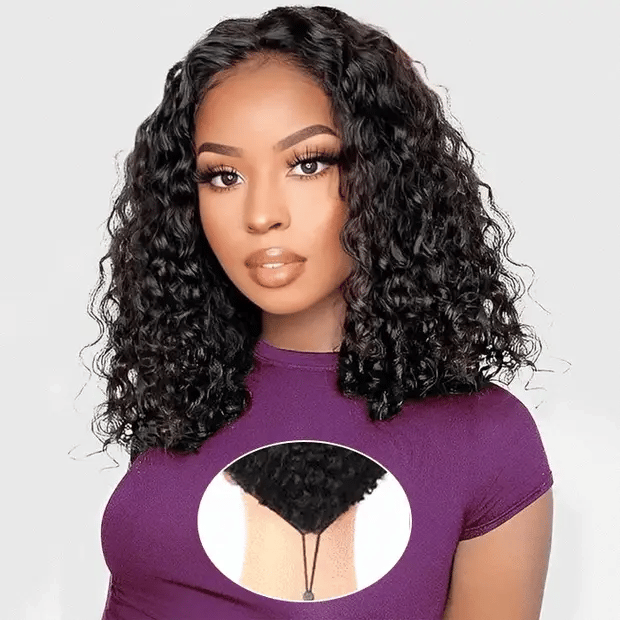 Water Wave Short Bob Natural Black 5x5 Lace Human Hair Wig Pre Plucked