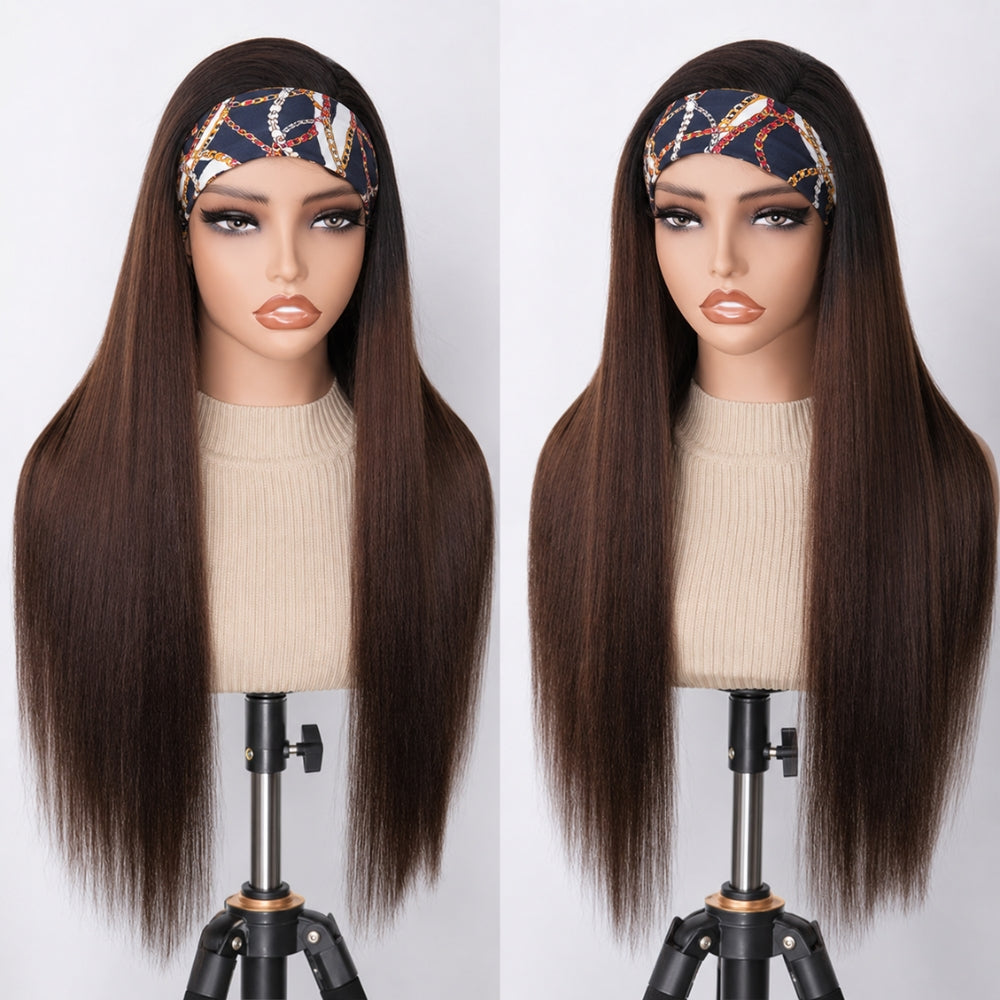 3 In 1 Half Wig | Black To Brown Ombre Straight No Glue Needed Install Filp Over Half Wig With Adjustable Drawstring