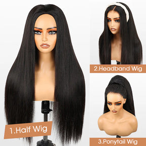 3 In 1 Half Wig | Yaki Straight Comfortable Fit Glueless Install Filp Over Half Wig With Adjustable Drawstring