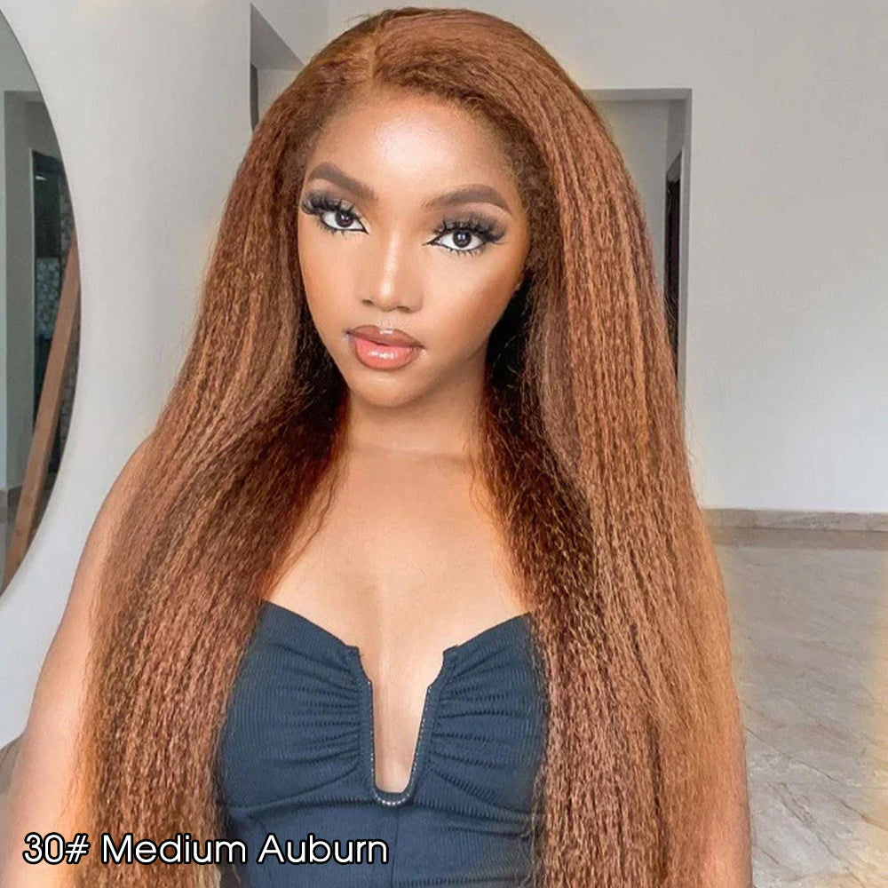 Kinky Edges 30# Medium Auburn Color Kinky Straight 13x4 Glueless HD Lace Human Hair Wig