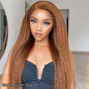 Kinky Edges 30# Medium Auburn Color Kinky Straight 13x4 Glueless HD Lace Human Hair Wig