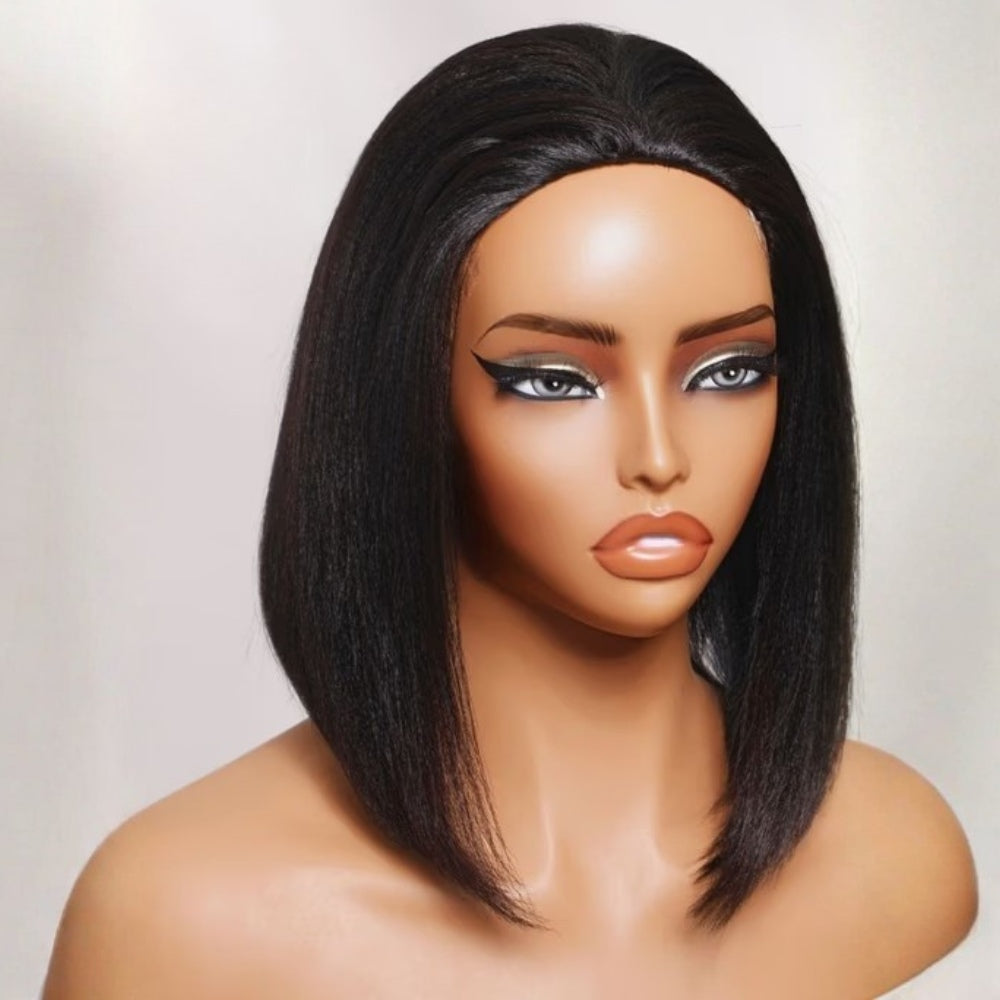 3 In 1 Half Wig | Yaki Straight Bob 220% Density Comfortable Fit Glueless Install Filp Over Half Wig With Adjustable Drawstring