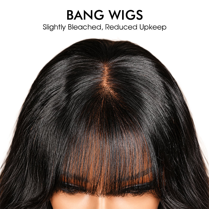 Body Wave Wig with Bangs Pre Cut 5x5 HD Lace Closure Wig Glueless Secure Drawstring Human Hair Wig