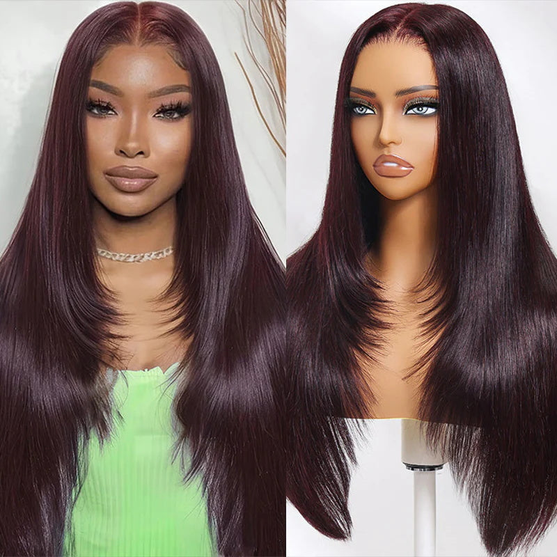 Pizazz Hair Black Cherry Layered Cut  8x5 Glueless Wig Straight/Body Wave And 13x4 Lace Front Human Hair Wigs 220% Density