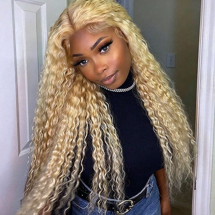 Honey Blonde Water Wave Frontal Wig with Natural Hairline Glueless Put on go® Human Hair Wig Pre Cut Lace