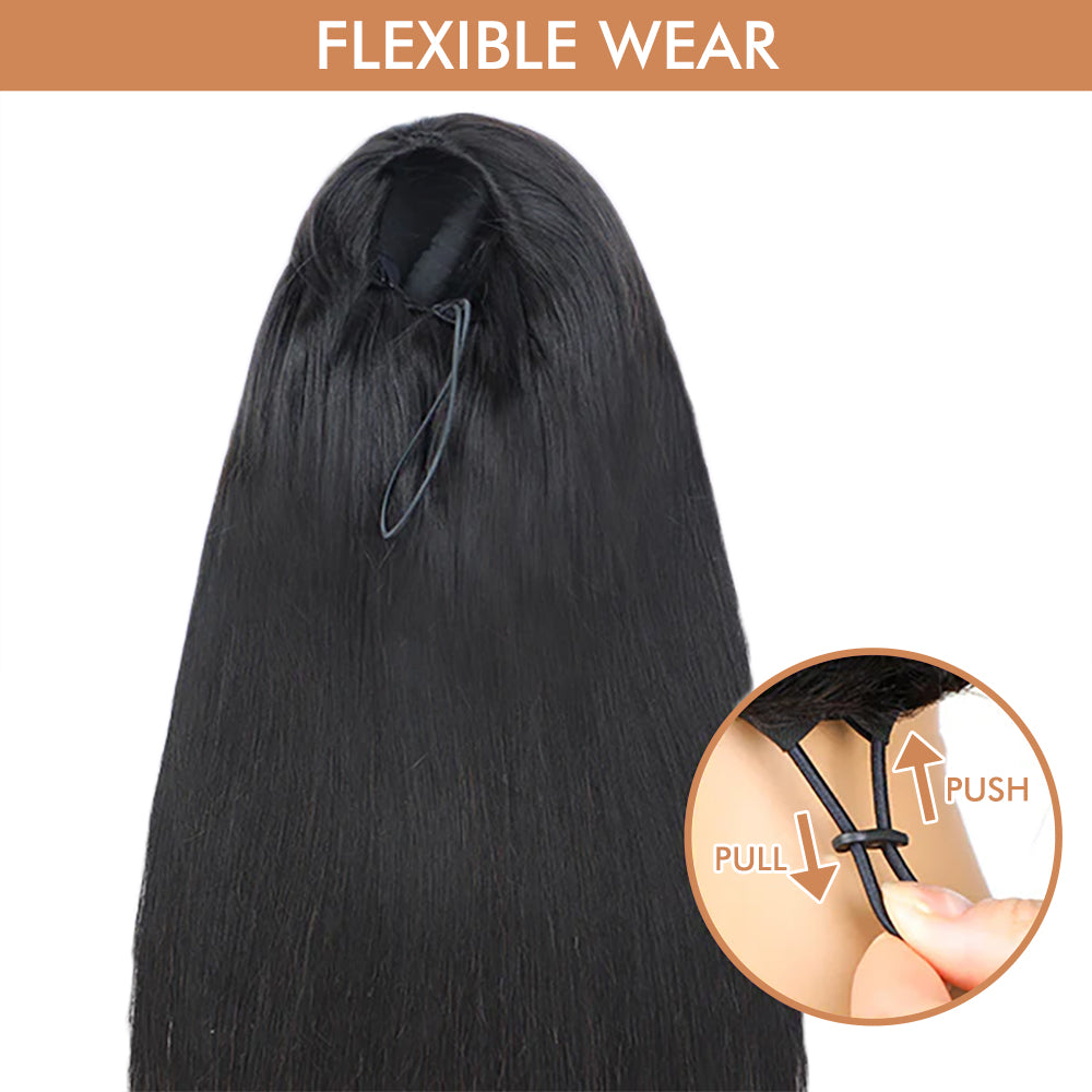 3 In 1 Half Wig | Yaki Straight Comfortable Fit Glueless Install Filp Over Half Wig With Adjustable Drawstring