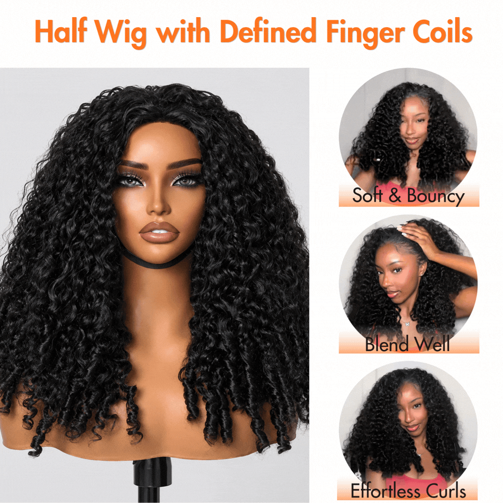 3 In 1 Half Wig | Burmese Curly With Finger Coil Ends Glueless Install Filp Over Half Wig With Adjustable Drawstring