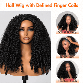 3 In 1 Half Wig | Burmese Curly With Finger Coil Ends Glueless Install Filp Over Half Wig With Adjustable Drawstring