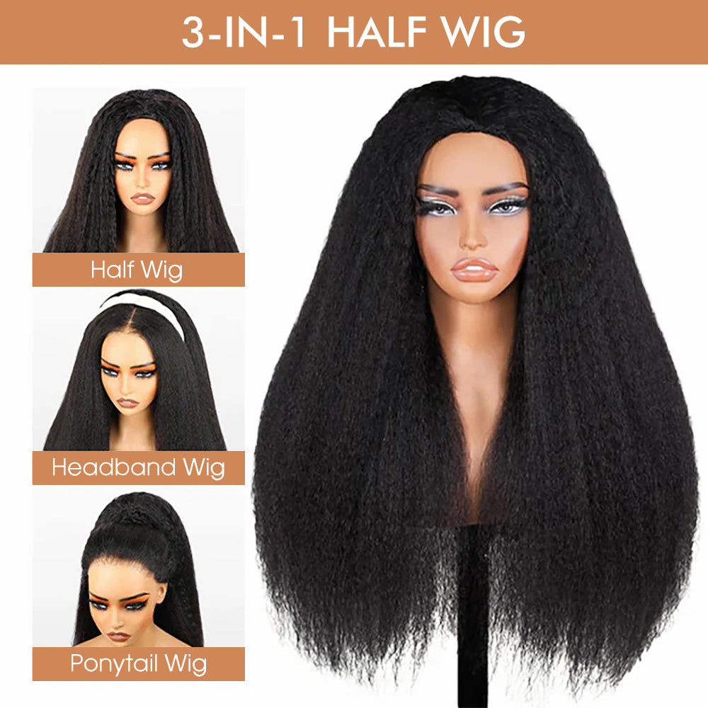 3 In 1 Half Wig | Kinky Straight Comfortable Fit No Glue Needed Install Filp Over Half Wig With Adjustable Drawstring