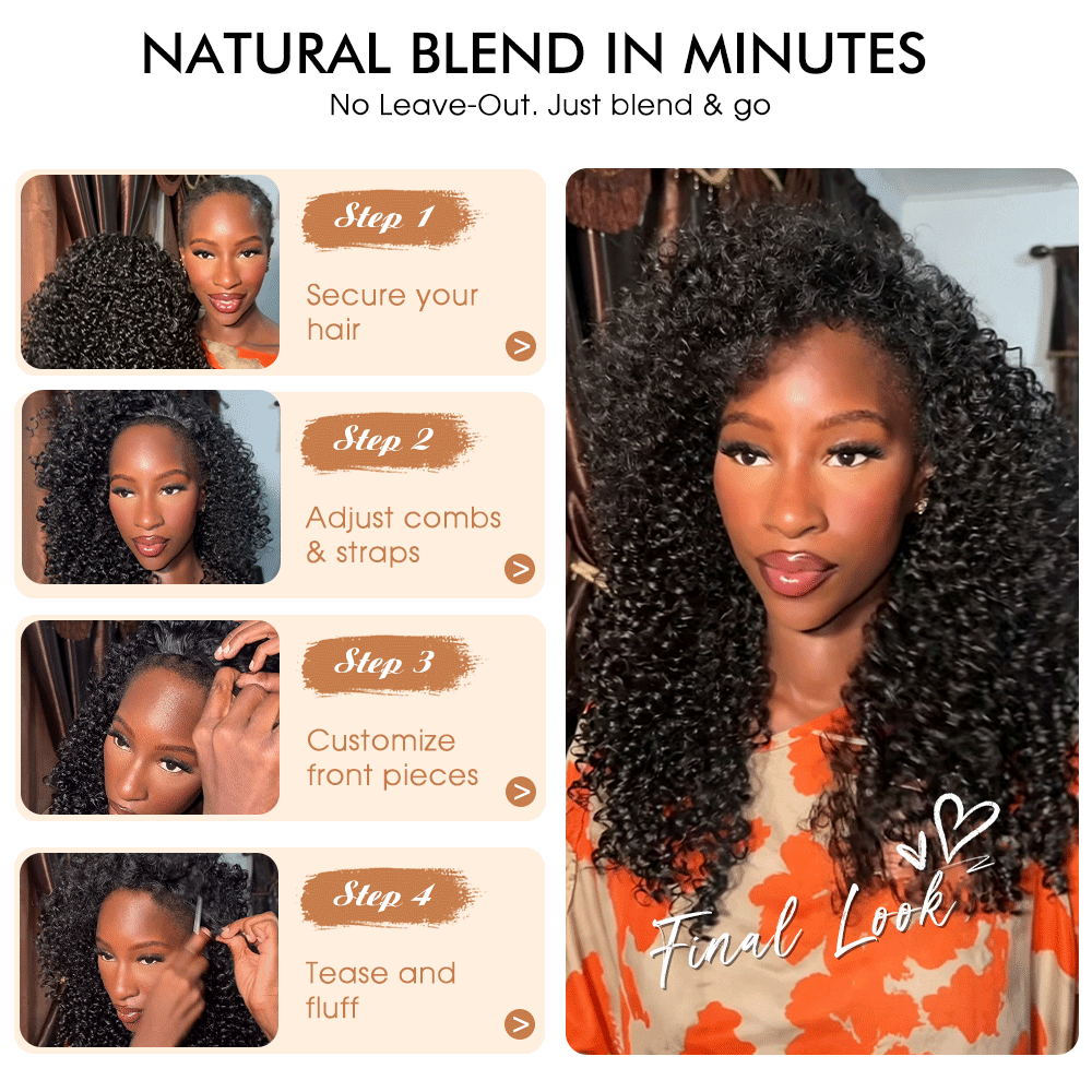 3 In 1 Half Wig | Kinky Curly Comfortable Fit Glueless Install Filp Over Half Wig With Adjustable Drawstring