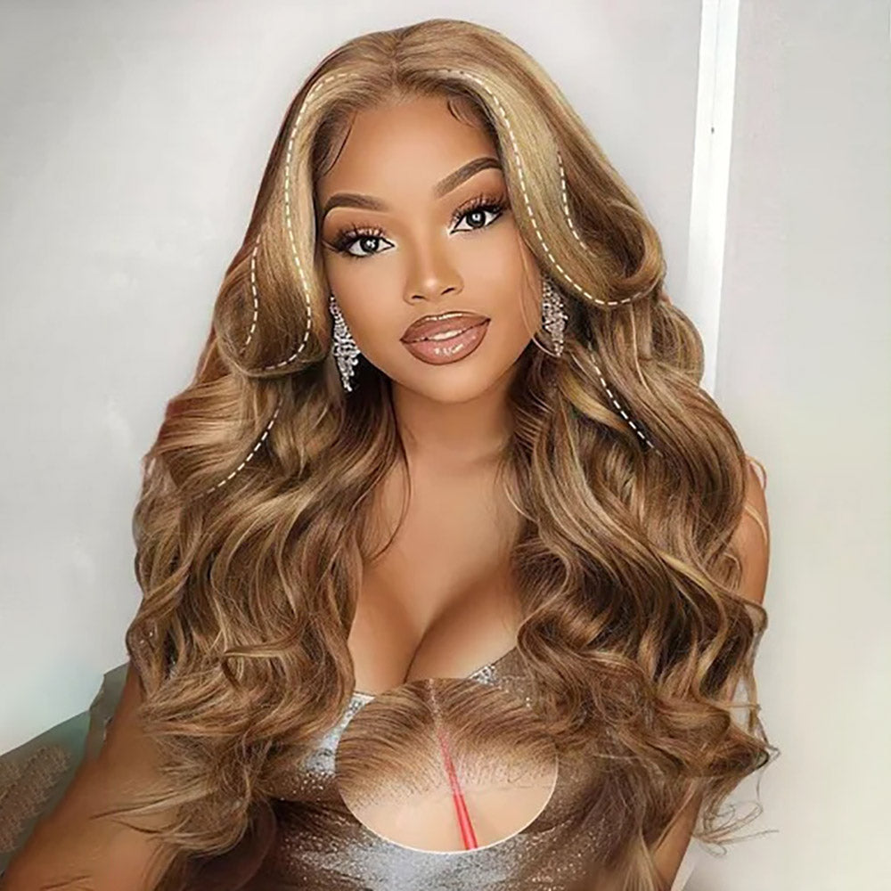 Curtain Bangs Highlight Honey Blonde Ombre 4/27  Body Wave Human Hair Glueless HD Lace Wigs