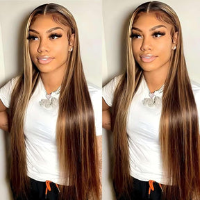 Honey Blonde Highlight Straight Glueless Lace Front Human Hair Wig