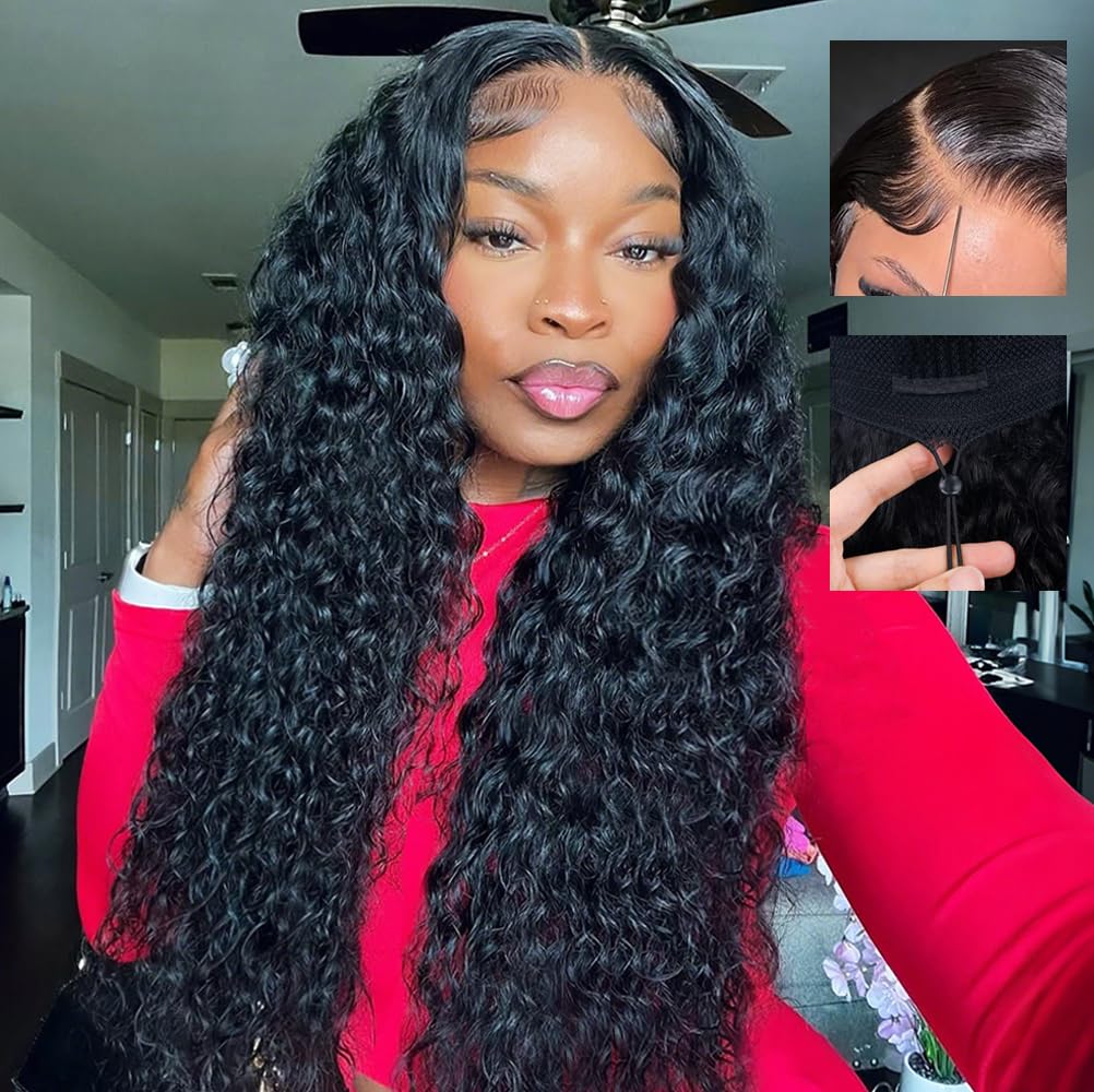 Invisible Knots Wig 8x5 Pre-Everything Glueless Lace Wigs Water Wave Wig With Ear Tapes Black Wigs