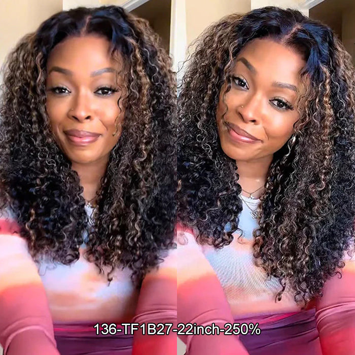 Pizazz 4C Edges Black Brown Ombre Jerry Curly  Kinky Edges 13x6 HD Lace Front Wig 100% Human Hair