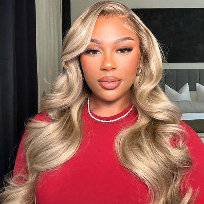 Body Wave Ash Blonde Highlight Glueless Wigs Super Natural Hairline 100% Human Hair Wigs 220% Density