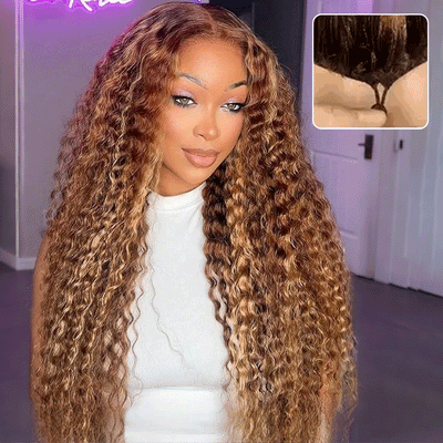 Pizazz Hair 13x6 Highlight 4/27 Color  Deep Wave Lace Front Wigs Human Hair Ombre Curly Glueless Wig
