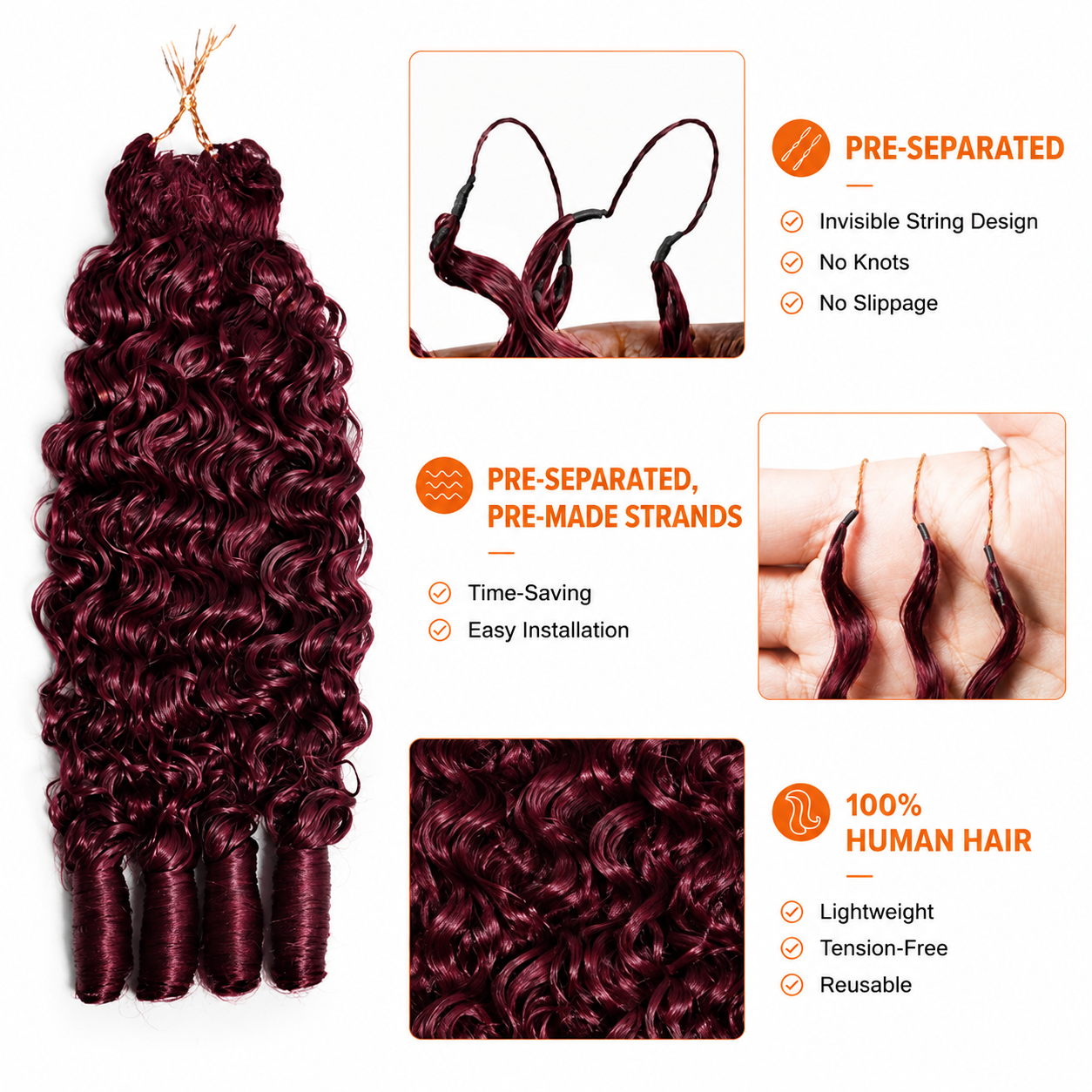 Pre-Separated 99J Burgundy Burmese Curly Crochet Human Hair Real Human Hair Crochet Extensions