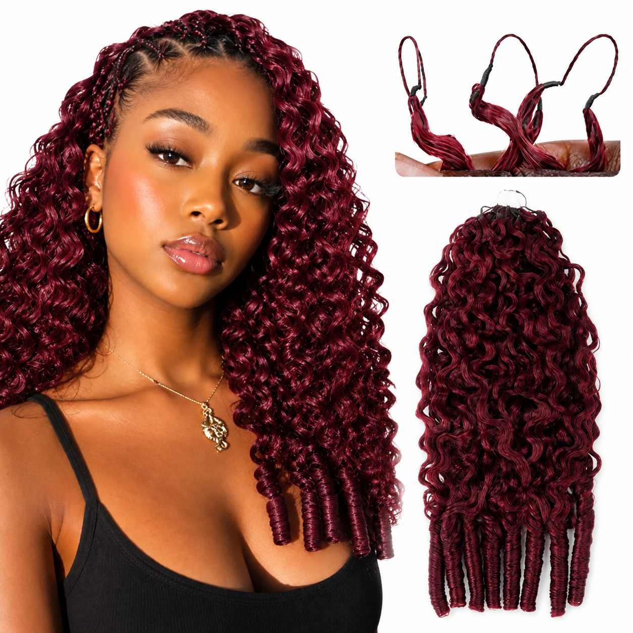 Pre-Separated 99J Burgundy Burmese Curly Crochet Human Hair Real Human Hair Crochet Extensions