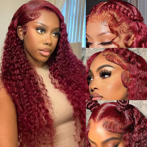 Pizazz Hair 99J Burgundy Deep Wave Lace Front Wigs Human Hair 250% Density 13x6 Glueless HD Transparent Lace Frontal Wigs