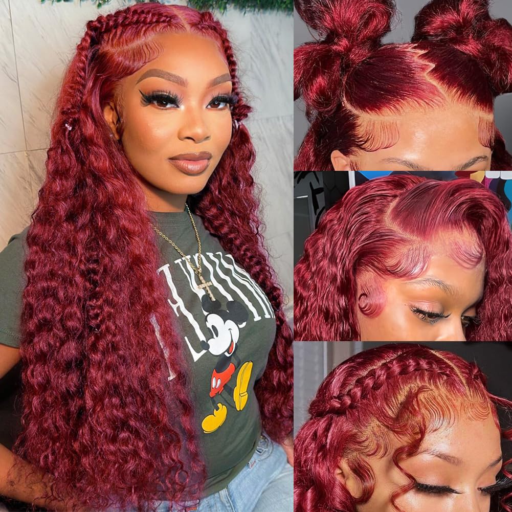 Pizazz Hair 99J Burgundy Deep Wave Lace Front Wigs Human Hair 250% Density 13x6 Glueless HD Transparent Lace Frontal Wigs