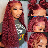 Pizazz Hair 99J Burgundy Deep Wave Lace Front Wigs Human Hair 250% Density 13x6 Glueless HD Transparent Lace Frontal Wigs