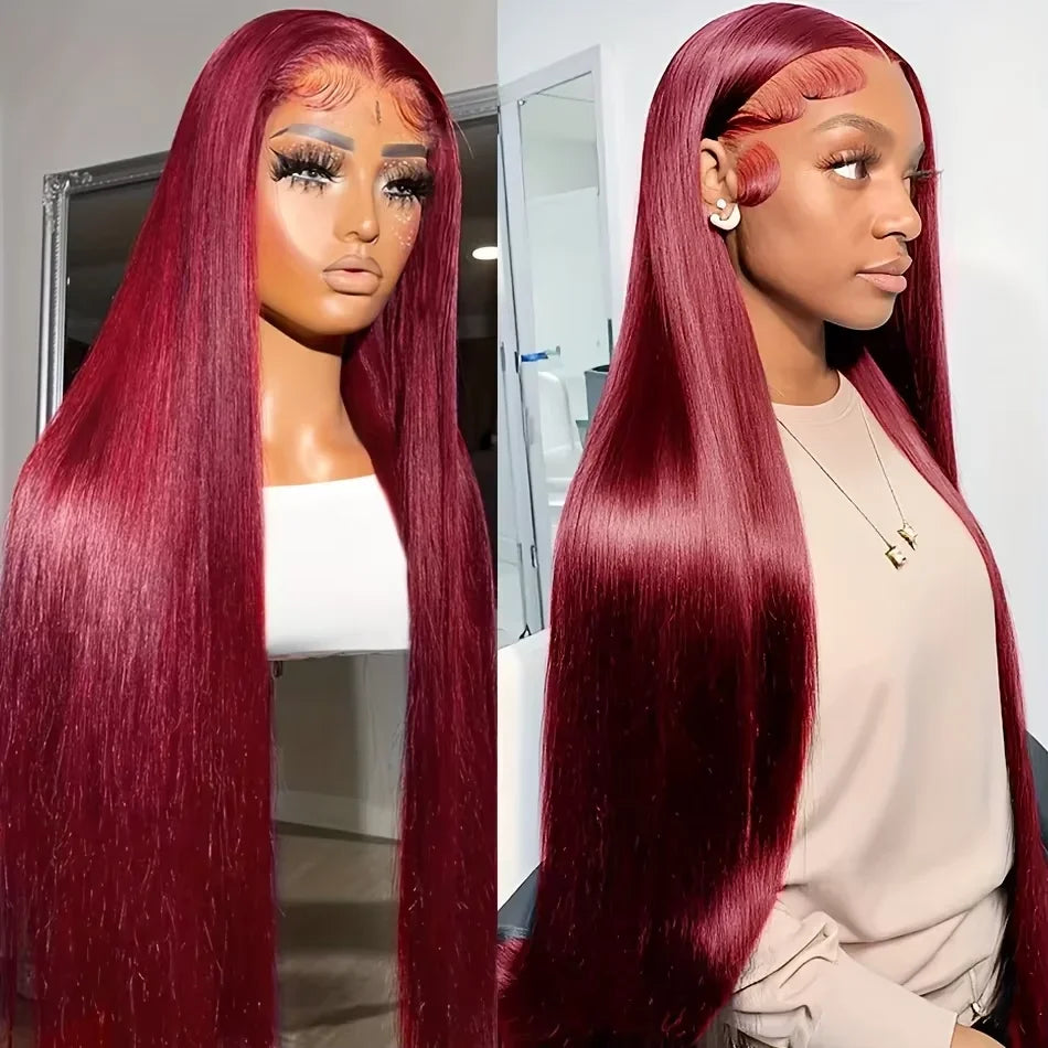 Burgundy 99J Color Straight Hair Wear Go 13x6 Glueless Pre-Cut Drawstring  Wig