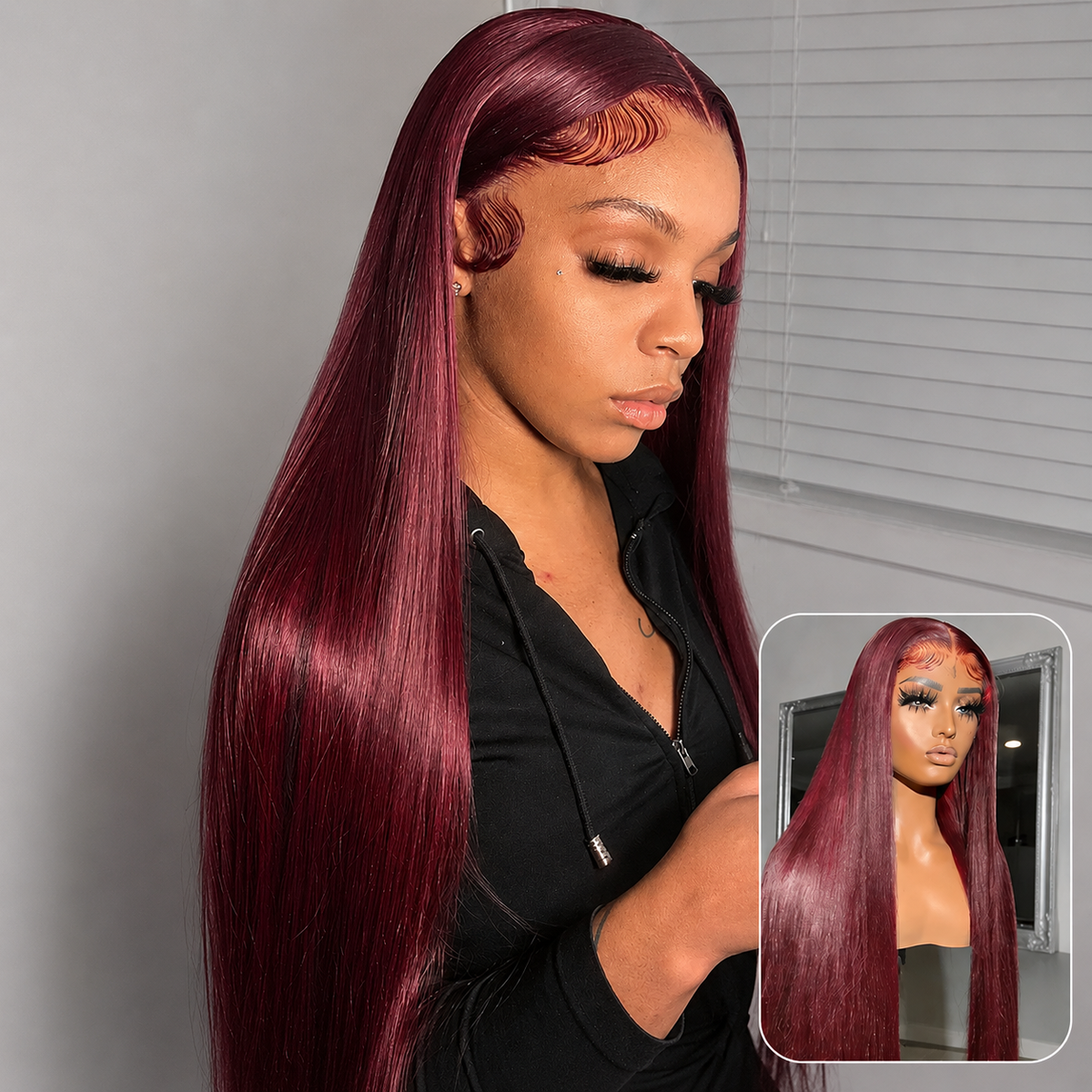 99j Burgundy Glueless Wig 13x6 Lace Front Straight Wig Human Hair Pre Plucked 220% Density