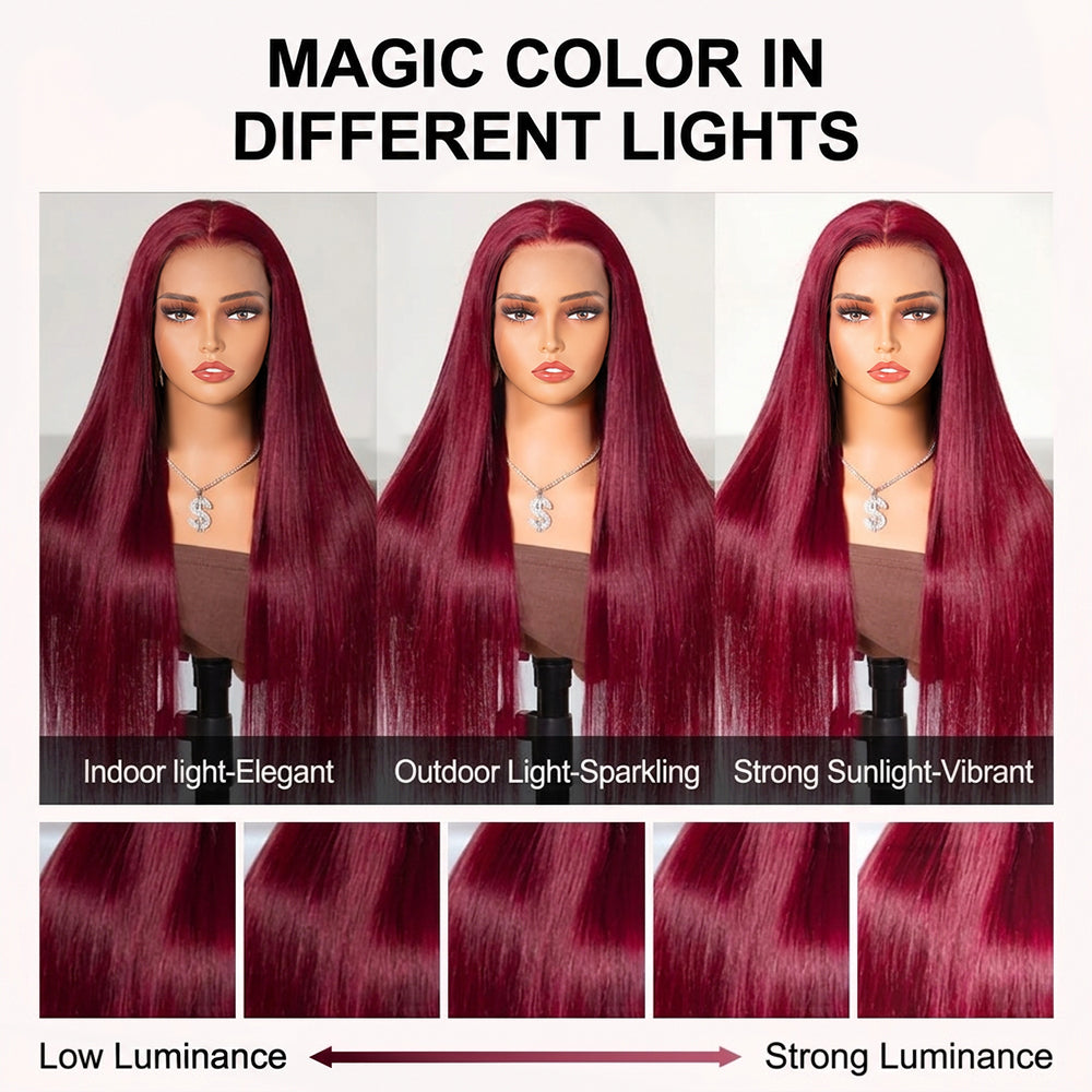 99j Burgundy Glueless Wig 13x6 Lace Front Straight Wig Human Hair Pre Plucked 220% Density