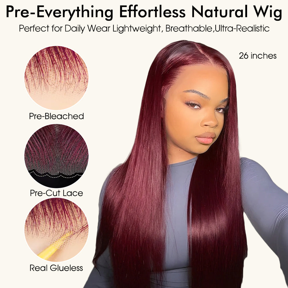 99j Burgundy Glueless Wig 13x6 Lace Front Straight Wig Human Hair Pre Plucked 220% Density