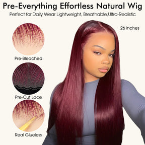 99j Burgundy Glueless Wig 13x6 Lace Front Straight Wig Human Hair Pre Plucked 220% Density