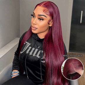 99j Burgundy Glueless Wig 13x6 Lace Front Straight Wig Human Hair Pre Plucked 220% Density