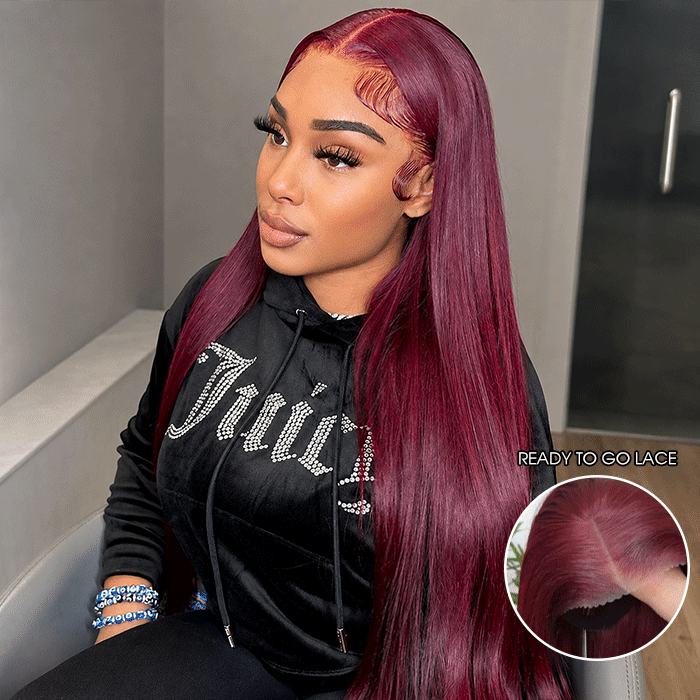 99j Burgundy Glueless Wig 13x6 Lace Front Straight Wig Human Hair Pre Plucked 220% Density