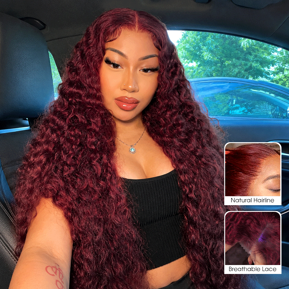 99J Burgundy Water Wave 13x6 Glueless HD Lace Front Wigs Human Hair Wigs For Women 250% Density
