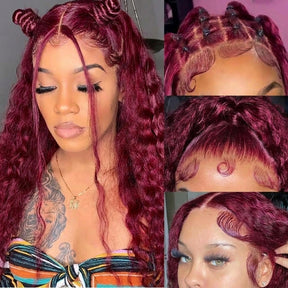 99J Burgundy Water Wave 13x6 Glueless HD Lace Front Wigs Human Hair Wigs For Women 250% Density