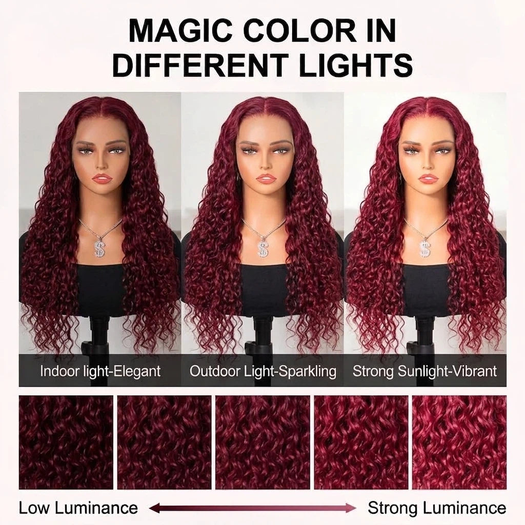 99J Burgundy Water Wave 13x6 Glueless HD Lace Front Wigs Human Hair Wigs For Women 250% Density
