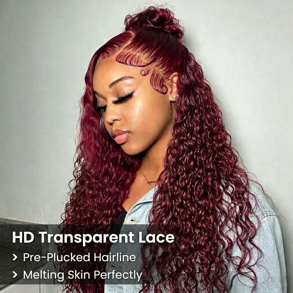 99J Burgundy Water Wave 13x6 Glueless HD Lace Front Wigs Human Hair Wigs For Women 250% Density