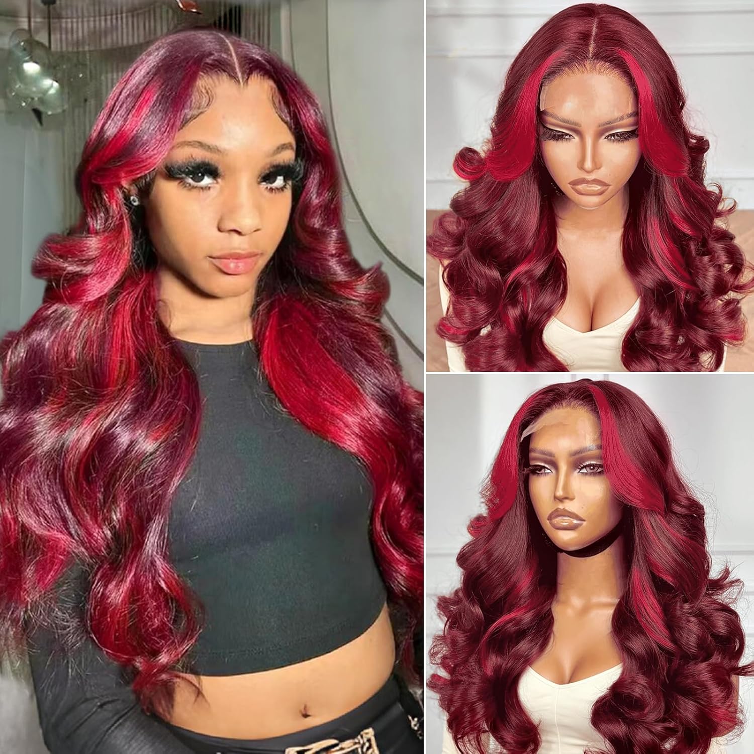 Burgundy With Red Highlights  5x5 HD Lace Closure Human Hair Wigs