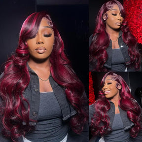 Burgundy With Red Highlights  5x5 HD Lace Closure Human Hair Wigs