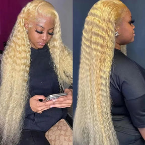 Honey Blonde Water Wave Frontal Wig with Natural Hairline Glueless Put on go® Human Hair Wig Pre Cut Lace