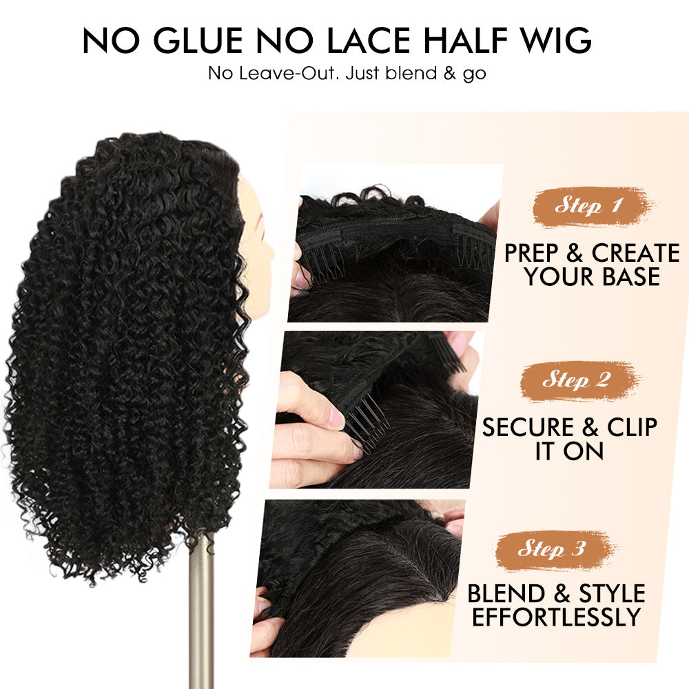 3 In 1 Half Wig | Kinky Curly Comfortable Fit Glueless Install Filp Over Half Wig With Adjustable Drawstring